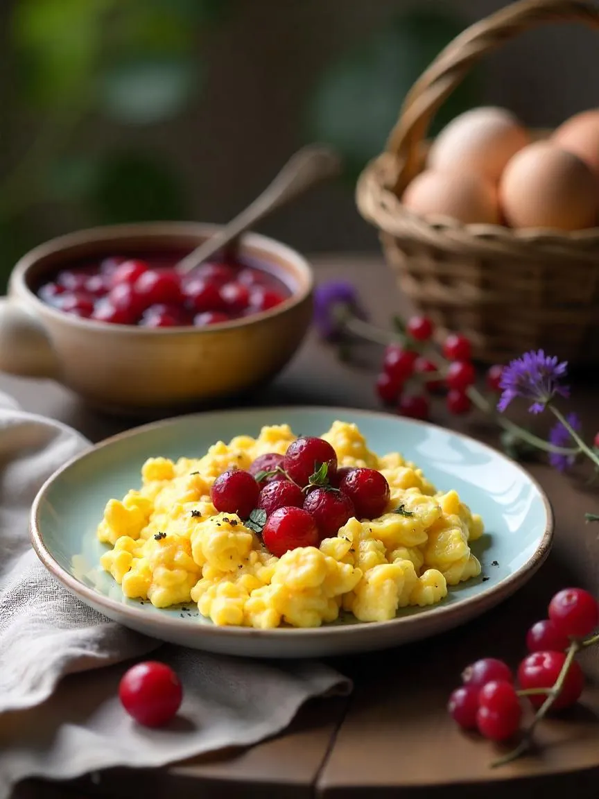 A cozy breakfast of berry compote and herb scrambled eggs on a rustic wooden table with wildflowers, fresh berries, and natural morning light.