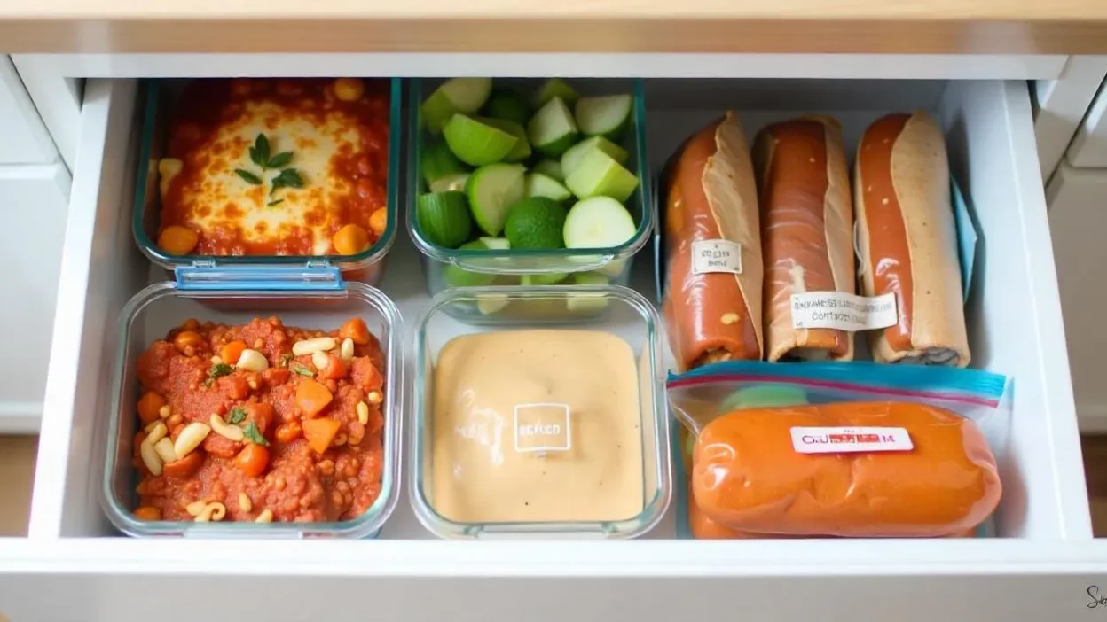 Organized freezer drawer with homemade frozen meals, including lasagna, soups, vegetables, and sauces in labeled containers.