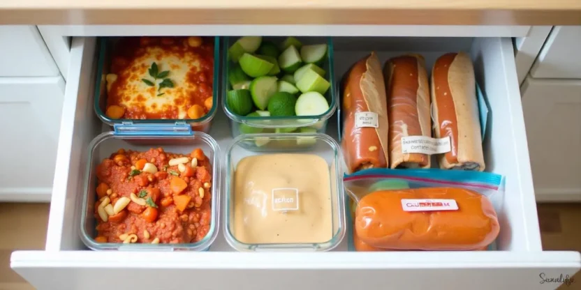 Organized freezer drawer with homemade frozen meals, including lasagna, soups, vegetables, and sauces in labeled containers.