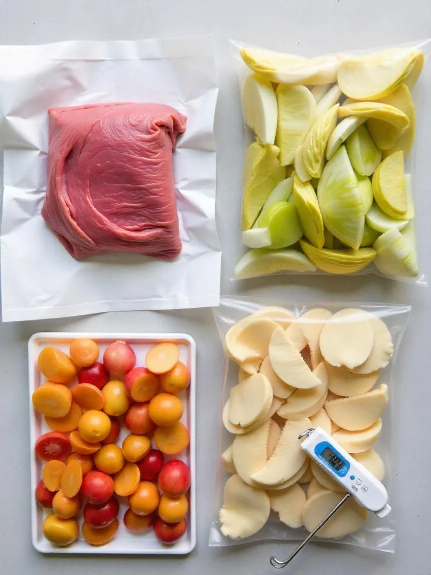 Meat, vegetables, and fruit prepared for freezing with tools and labels, and a thermometer showing proper freezer temperature.