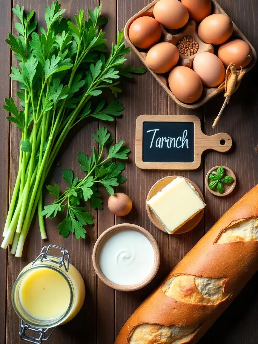 Essential French cooking ingredients: herbs, butter, eggs, cream, stock, and baguette on a rustic wooden table.


