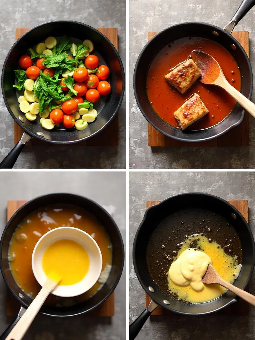 French cooking techniques: sautéing vegetables, braising meat, emulsifying sauce, and deglazing a pan with wine.

