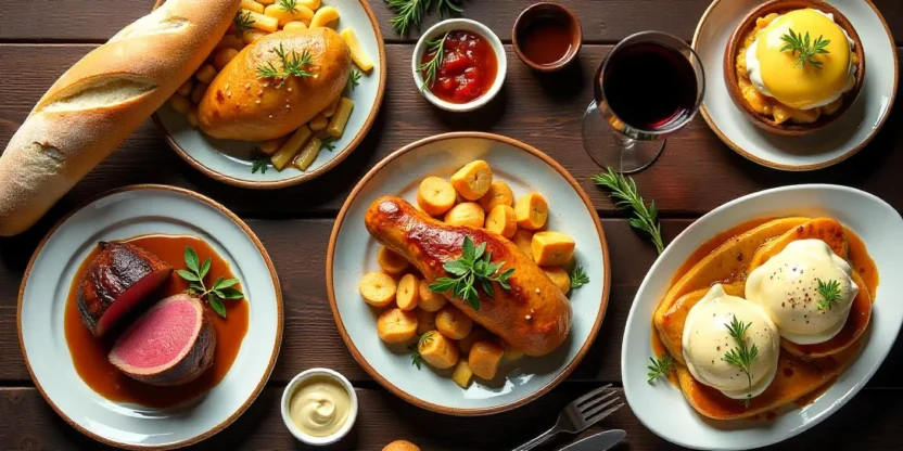 French cuisine spread with Beef Wellington, Ratatouille, Coq au Vin, Eggs Benedict, Shepherd’s Pie, Chicken Alfredo, sauces, baguette, and wine.
