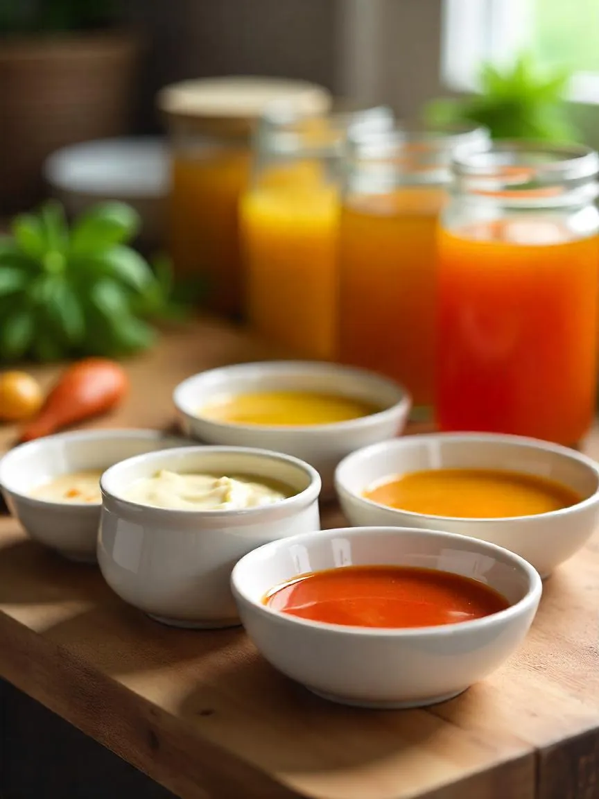 French mother sauces and stocks: béchamel, velouté, espagnole, hollandaise, tomato sauce, with jars of chicken, beef, and vegetable stock.

