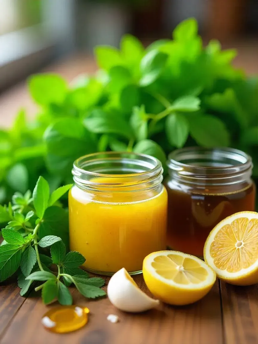Fresh herbs like basil, mint, cilantro, dill, and jars of homemade salad dressings with lemon, garlic, and honey on a wooden countertop.

