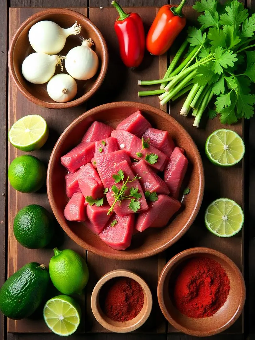 Fresh taco ingredients including vegetables, raw meat, avocados, limes, and spices on a wooden table.

