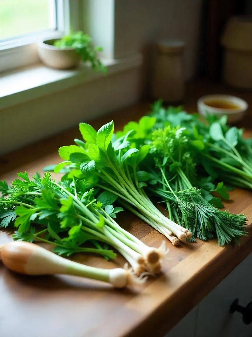 Fresh June herbs including basil, mint, and chives with garlic scapes and spring onions on a wooden kitchen counter in soft natural light