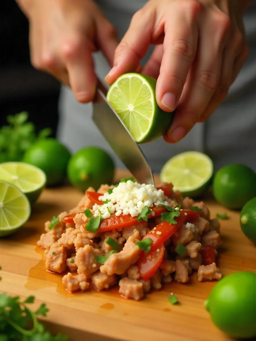 Freshly squeezed lime juice being added to taco filling with sliced limes on a wooden cutting board.

