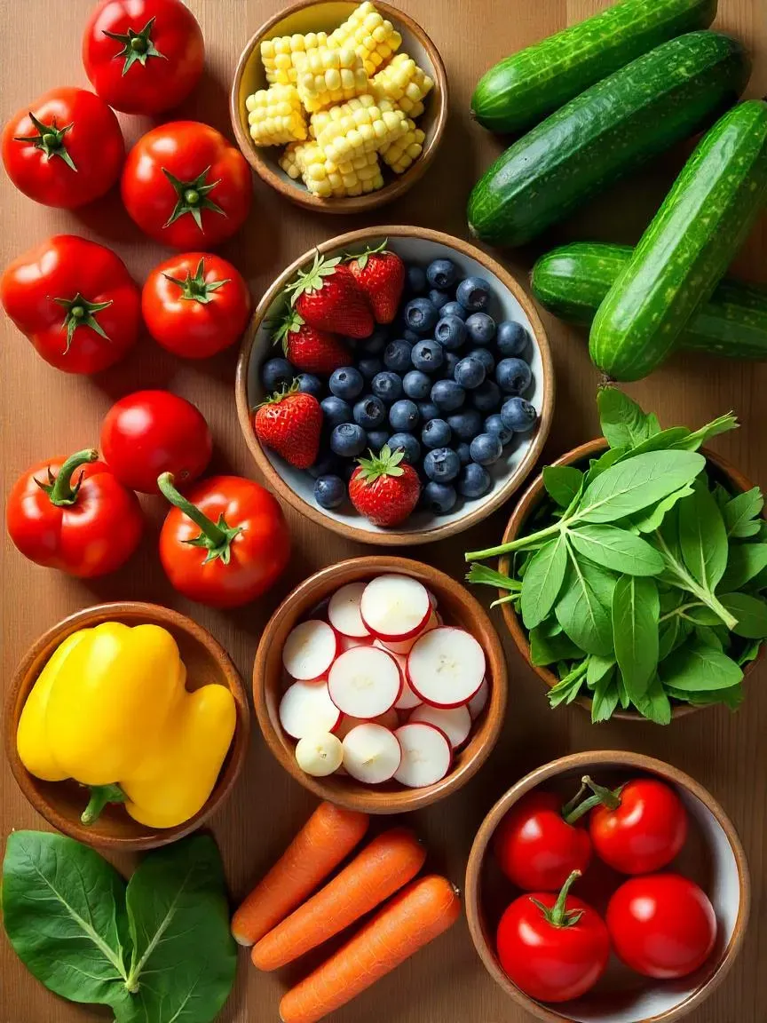 Fresh summer salad ingredients: tomatoes, cucumbers, corn, berries, peaches, greens, peppers, radishes, and carrots on a wooden counter.

