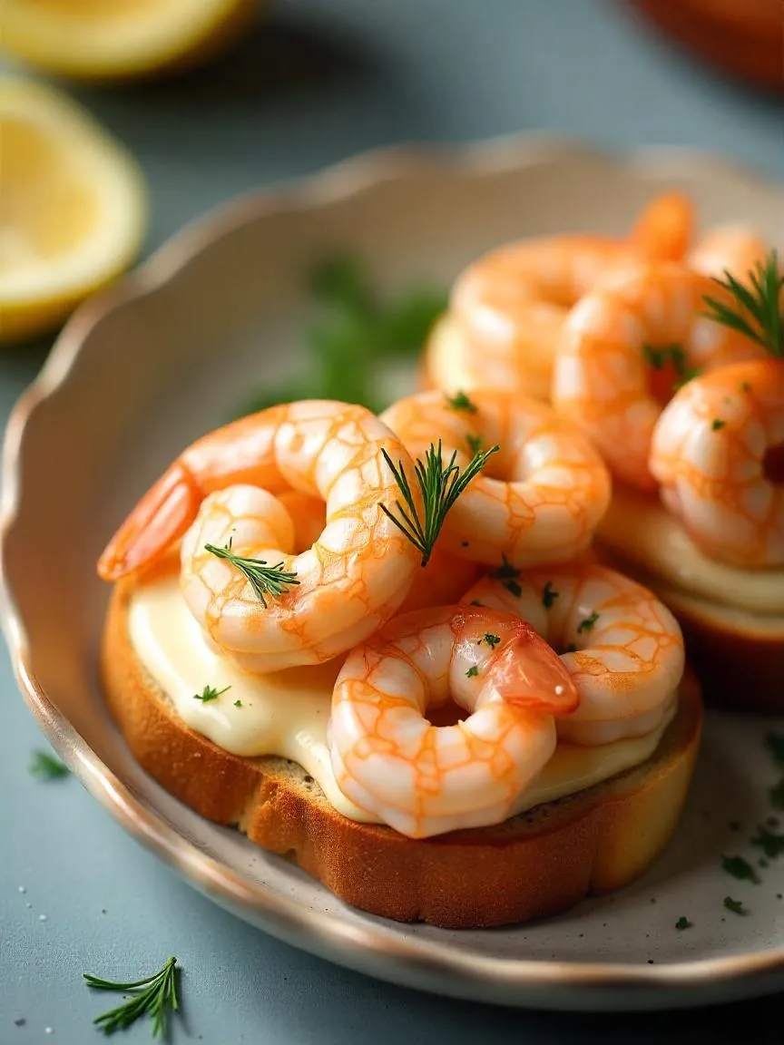 Traditional Rejemad with small boiled shrimp, creamy mayonnaise, and garnished with fresh herbs on dark bread.