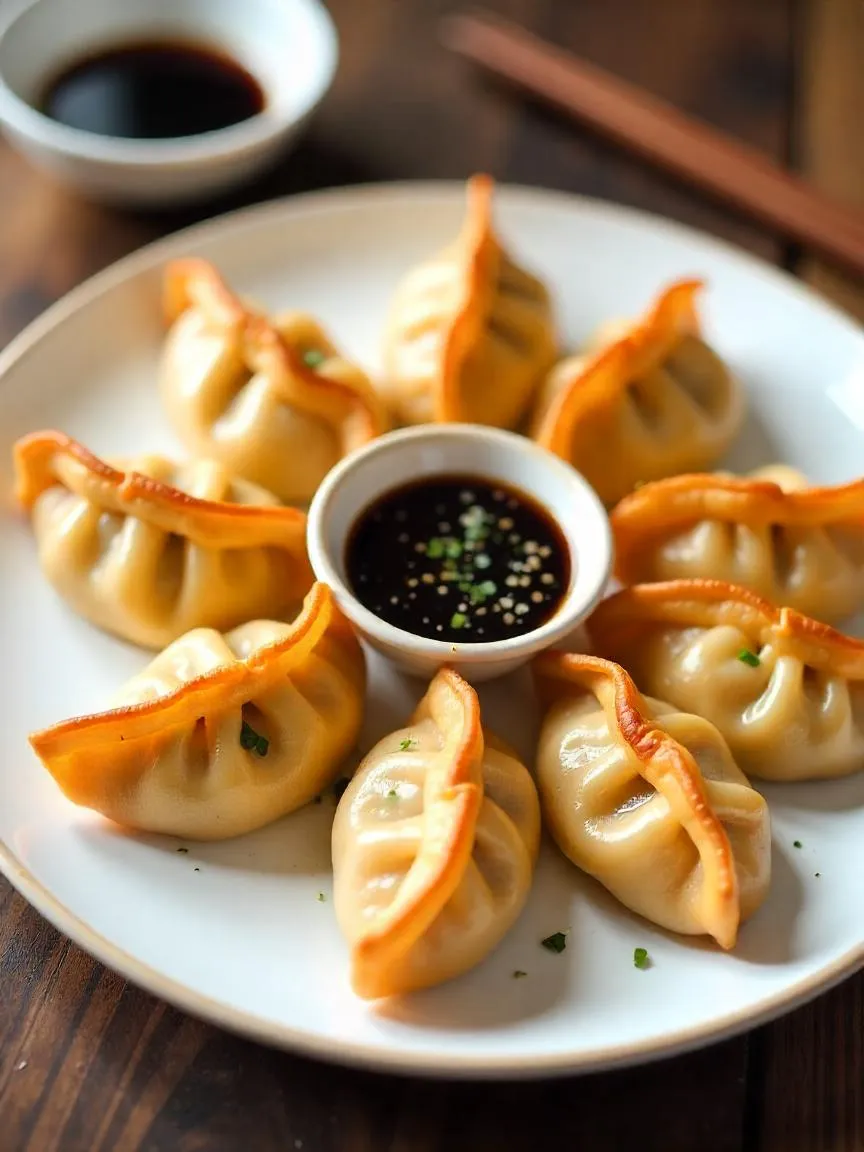 Plate of crispy Chinese Fried Dumplings served with soy dipping sauce on a wooden table.