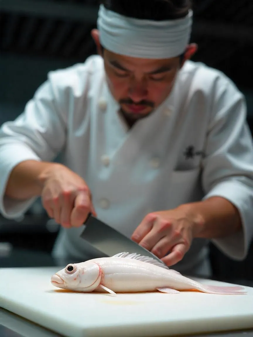 Japanese chef slicing fugu with surgical precision — the dangerous art of preparing pufferfish.