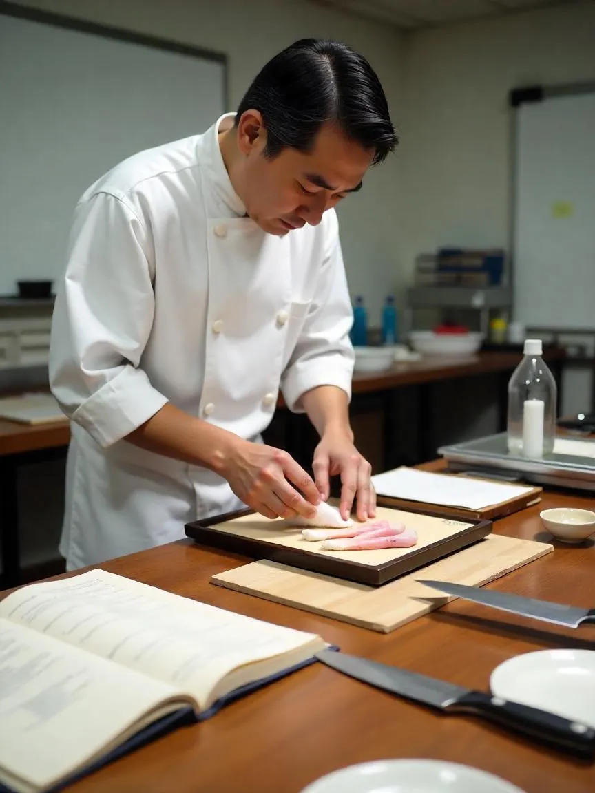 Licensed chef-in-training preparing fugu in a professional Japanese kitchen, surrounded by traditional tools and instructional materials.