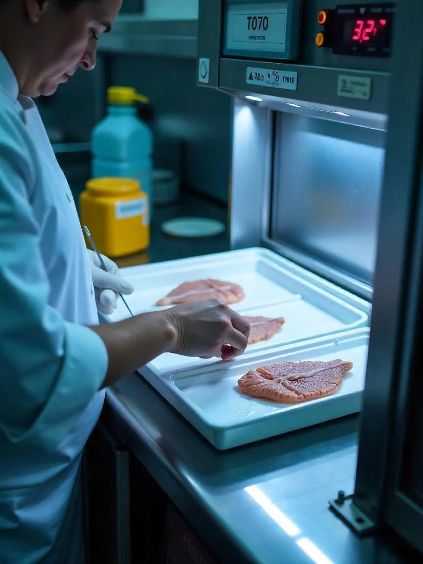 Chef storing cleaned fugu slices in cold storage at safe temperature, with visible toxic waste container and prep tools nearby.