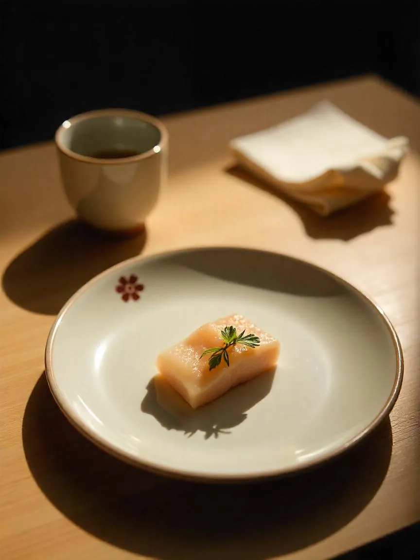 Empty plate with chrysanthemum imprint and sake cup in a quiet Japanese setting — symbolizing the end of a refined and dangerous fugu meal.
