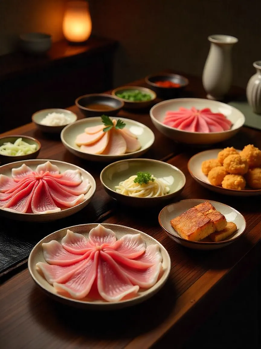 Traditional Japanese table featuring a variety of fugu dishes: sashimi, hotpot, karaage, and hirezake — served with classic condiments.