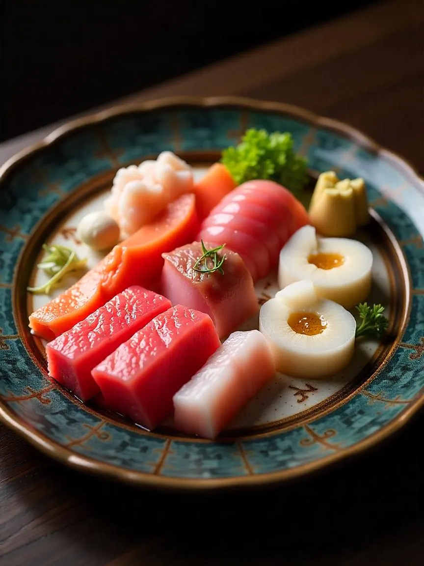 Gourmet platter showcasing different edible parts of fugu: sashimi, skin, fin, and milt — artfully arranged with traditional Japanese presentation.