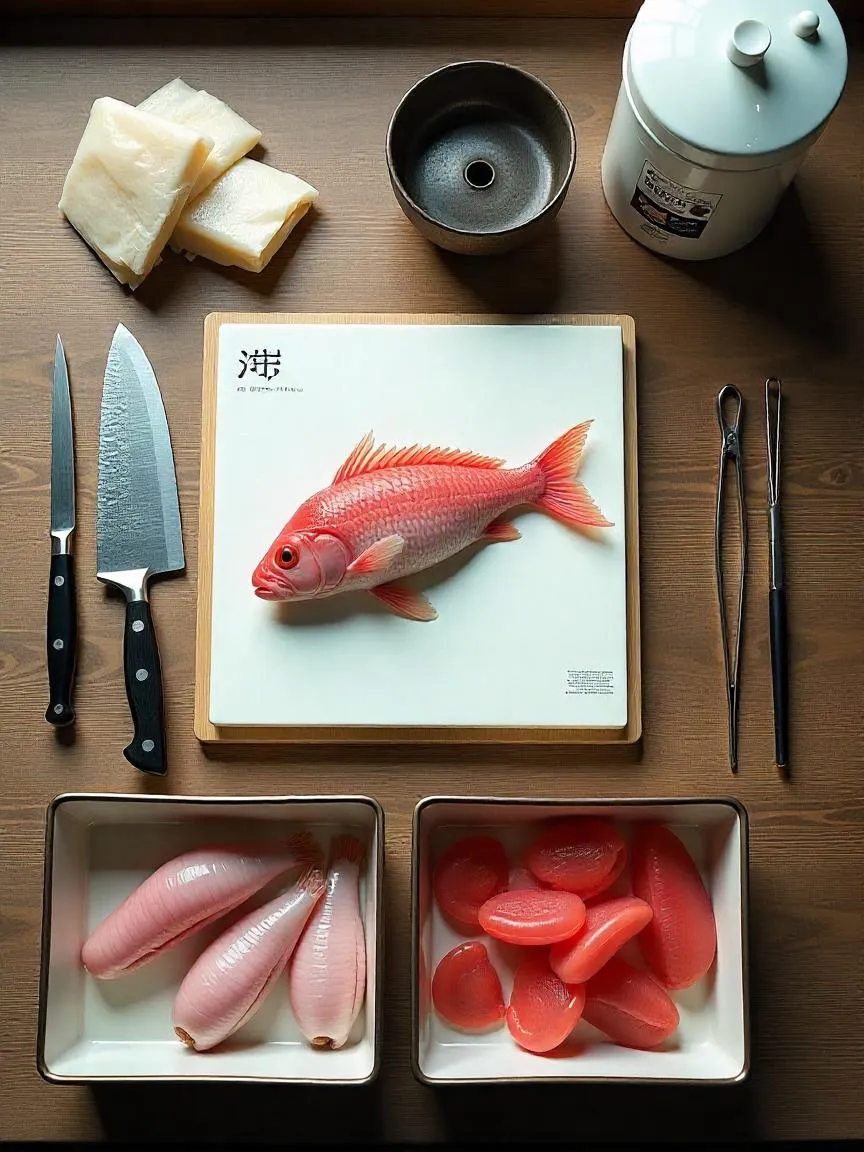 Fugu preparation tools including fugu-hiki knife, tweezers, gloves, and labeled trays — laid out in a precise, sterile kitchen setting.