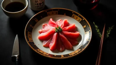 Fugu sashimi in chrysanthemum pattern with sake and traditional tools — a symbol of danger and culinary mastery.