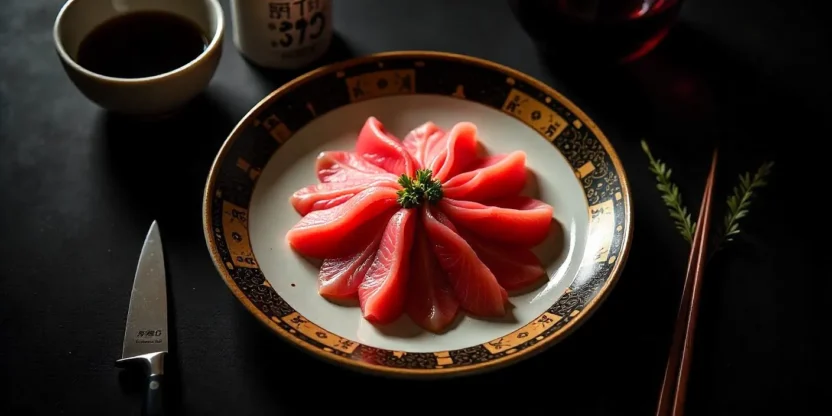 Fugu sashimi in chrysanthemum pattern with sake and traditional tools — a symbol of danger and culinary mastery.