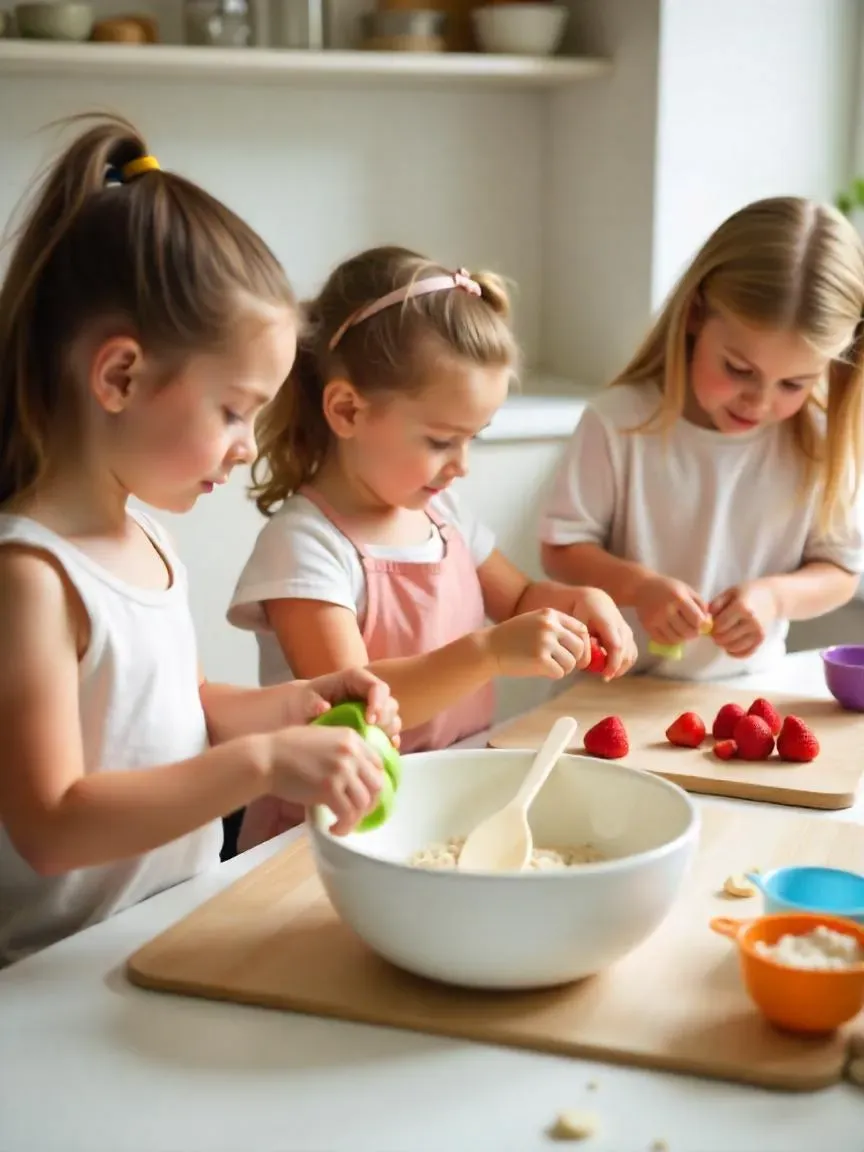 Kids practicing cooking techniques: peeling cucumber, slicing strawberries, measuring flour, and mixing ingredients in a bright kitchen.

