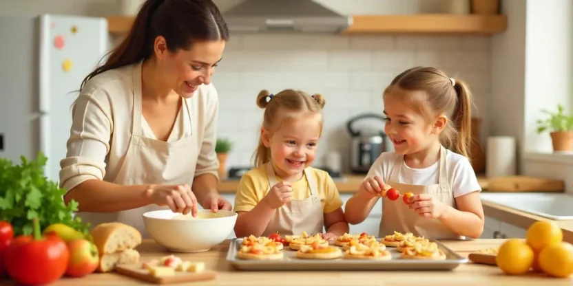 Happy family cooking together in a bright kitchen, kids participating in preparing various colorful meals like mini pizzas, fruit skewers, and sandwiches.