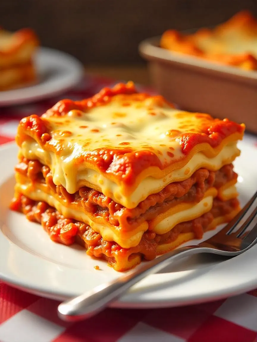 Cartoon-inspired Garfield’s lasagna slice with cheesy layers on a white plate with a red-and-white tablecloth.

