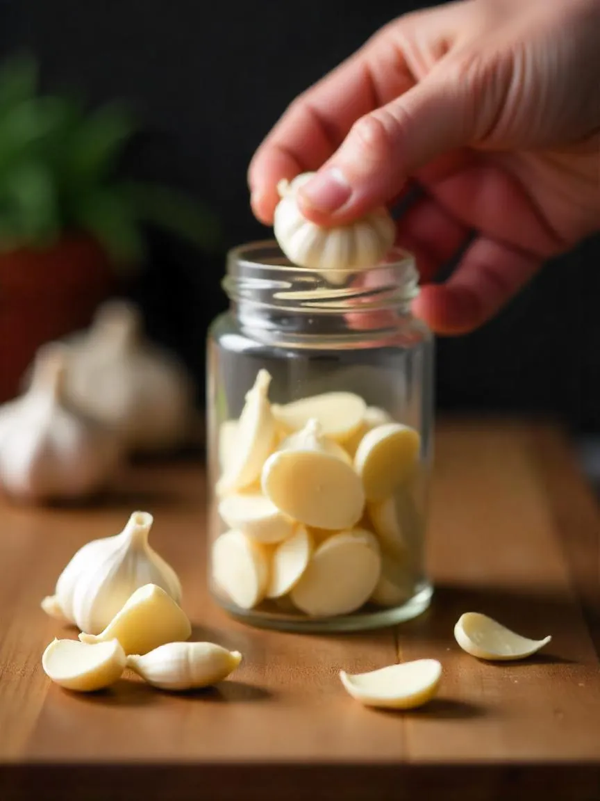 Glass jar with garlic cloves inside, some peeled and some unpeeled, on a wooden kitchen counter after shaking.