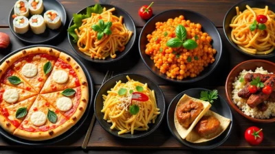 A colorful spread of popular international dishes including pizza, sushi, Pad Thai, tacos, and Peking duck, representing global culinary diversity.