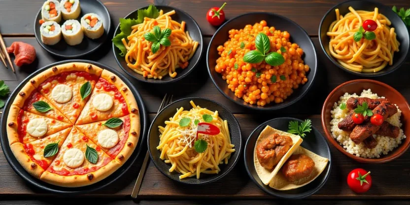 A colorful spread of popular international dishes including pizza, sushi, Pad Thai, tacos, and Peking duck, representing global culinary diversity.