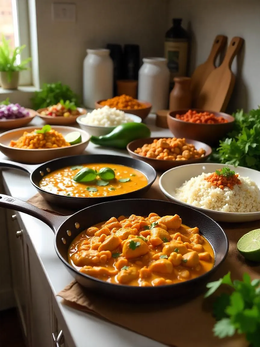 Global recipes: Thai green curry, Mexican tacos, Indian butter chicken, and Italian risotto with ingredients on a kitchen counter.

