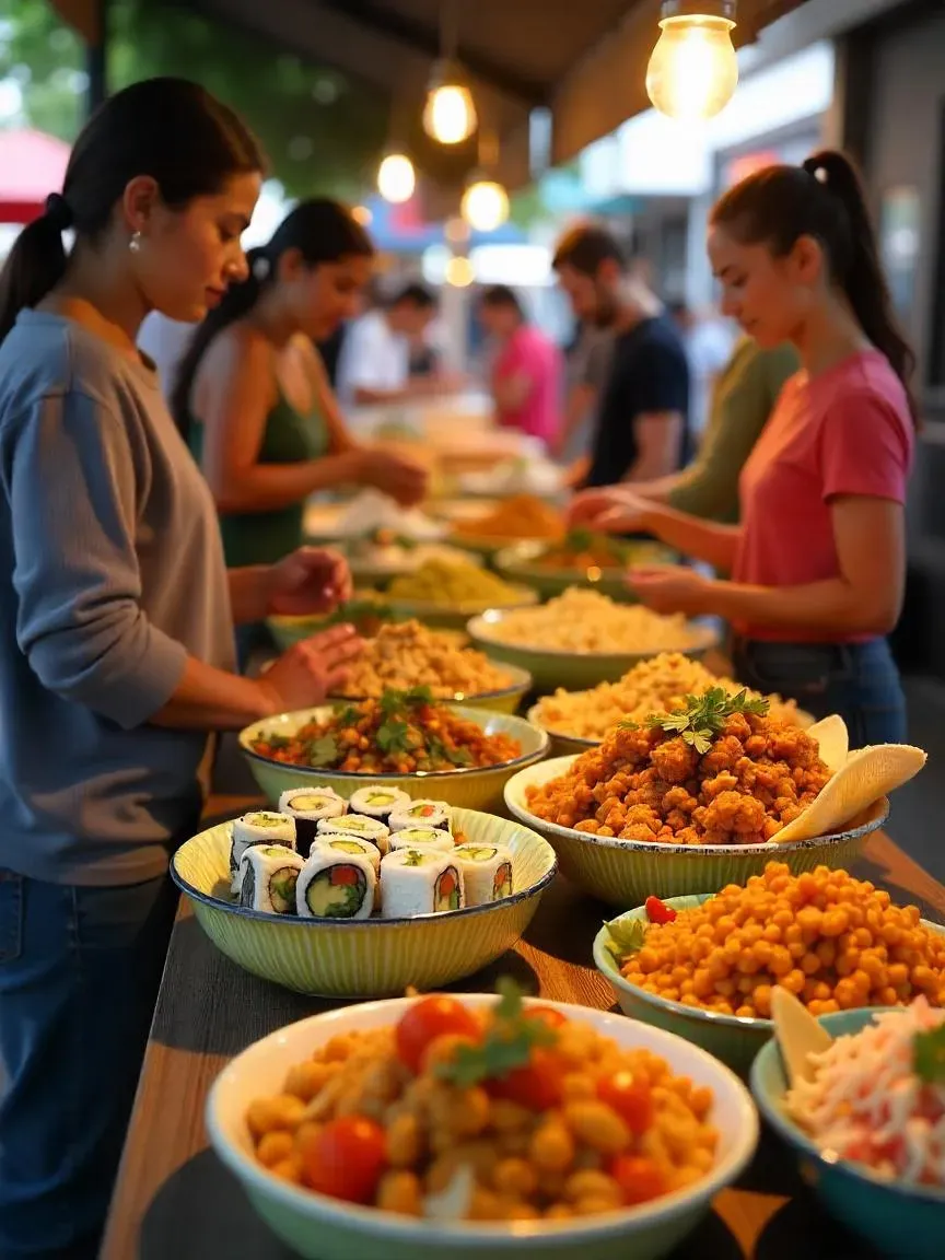 A colorful market scene with various international vegan dishes like sushi rolls, tacos, curries, and salads, highlighting global vegan food trends.