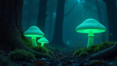 A digital illustration of glowing mushrooms in a dark forest, emitting soft green light among moss and fallen leaves. The scene feels magical and mysterious.