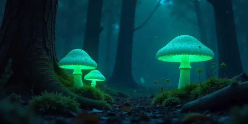 A digital illustration of glowing mushrooms in a dark forest, emitting soft green light among moss and fallen leaves. The scene feels magical and mysterious.