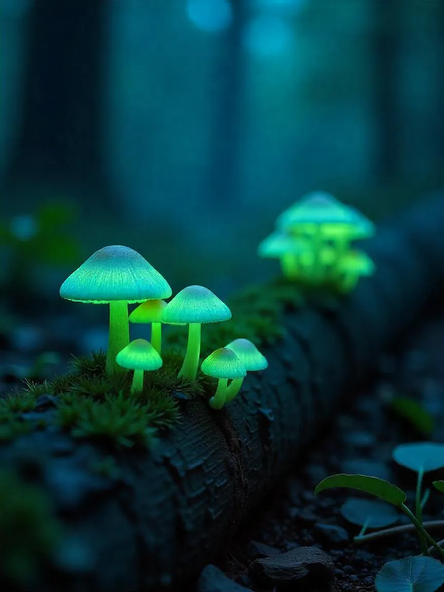 Bioluminescent mushrooms glowing softly on forest floor in the dark.
