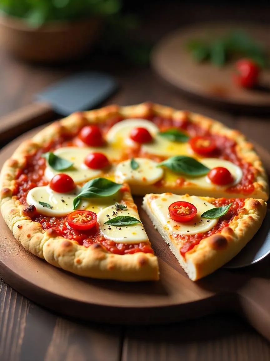 Gluten-free cauliflower crust pizza topped with tomatoes, cheese, and basil on a wooden board. 