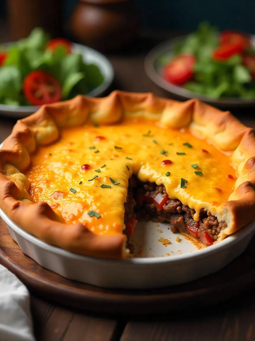 Golden gluten-free cheeseburger pie with melted cheese and a slice served alongside a fresh salad. 