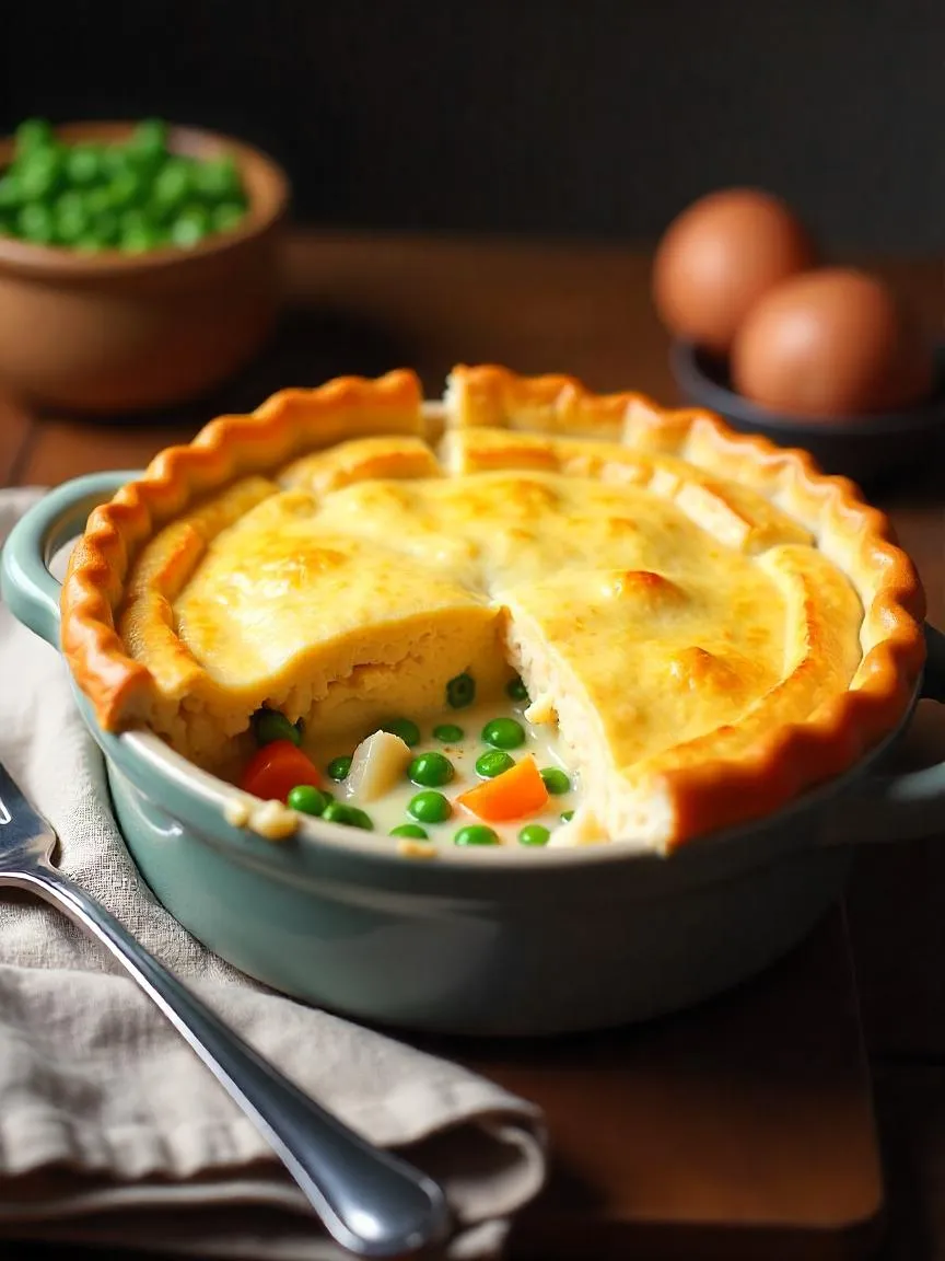 Golden gluten-free chicken pot pie with creamy filling and vegetables. 