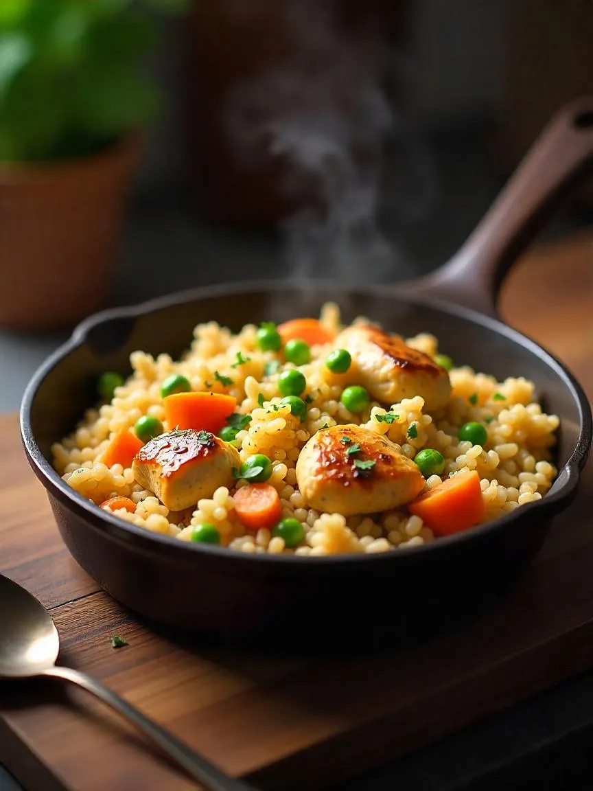 One-pot gluten-free chicken and rice with peas, carrots, and herbs served hot in a rustic pan on a wooden table. 