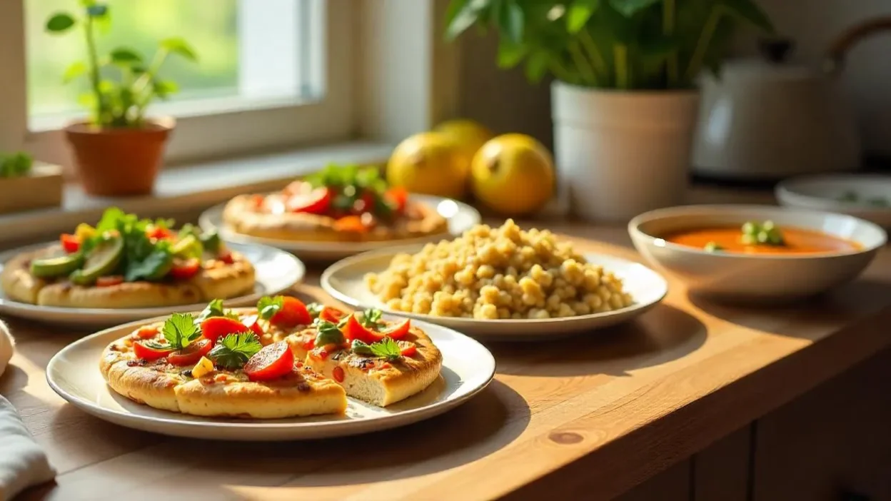 A rustic kitchen table with a spread of colorful gluten-free meals including cauliflower pizza, grilled chicken, and vegetable soup under warm natural light.