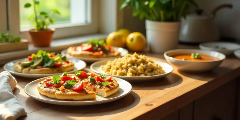 A rustic kitchen table with a spread of colorful gluten-free meals including cauliflower pizza, grilled chicken, and vegetable soup under warm natural light.