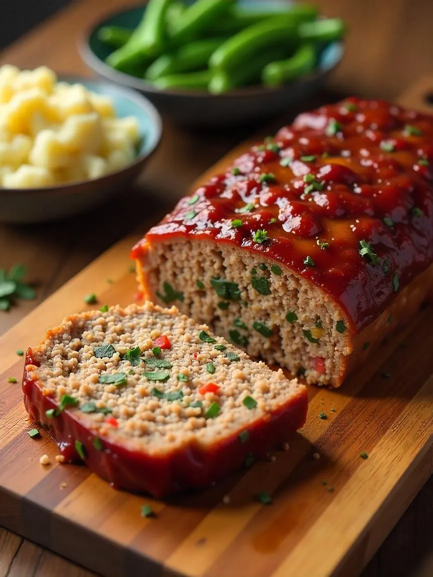 Sliced gluten-free meatloaf with glaze, served with mashed potatoes and green beans. 