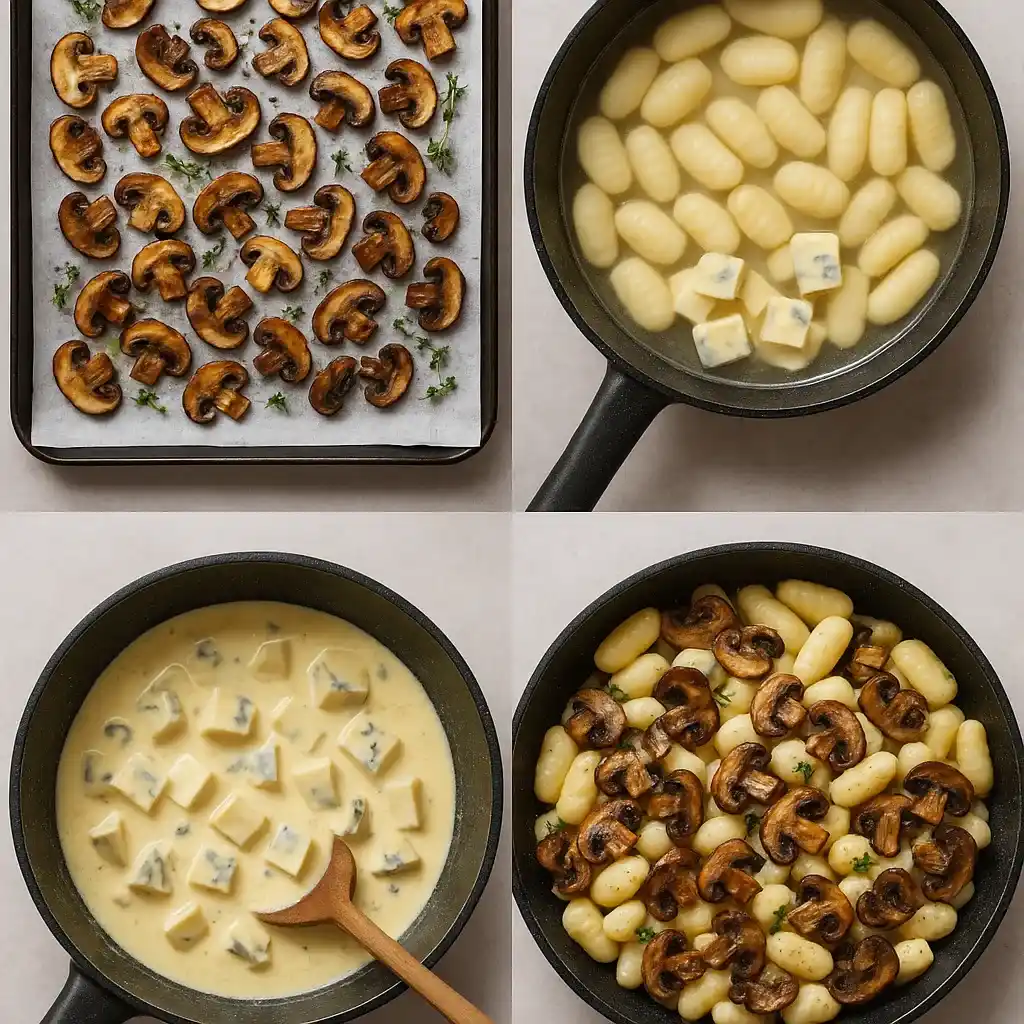 Creamy gnocchi tossed in saga cheese sauce with thyme-roasted mushrooms, served in a white bowl.