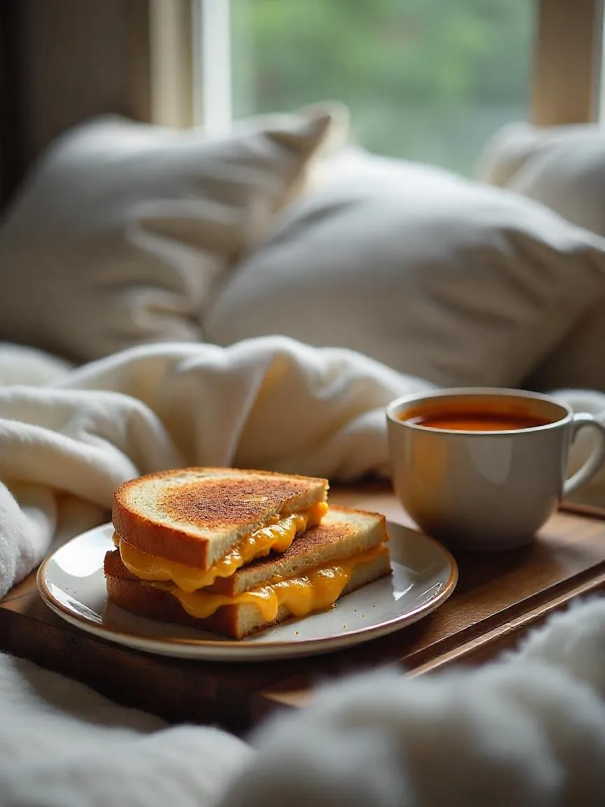 A grilled cheese sandwich and tomato soup served on a tray in bed with soft lighting and a rainy window in the background. 