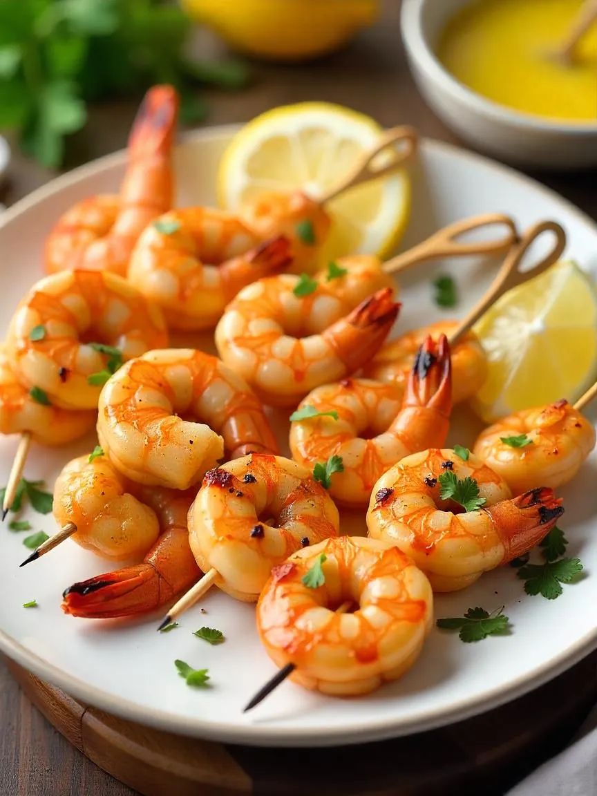 Grilled garlic shrimp skewers served with lemon wedges and fresh herbs, lightly charred and brushed with garlic butter.