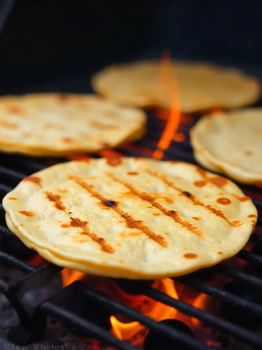 Corn tortillas grilling with char marks on a hot grill for extra flavor.


