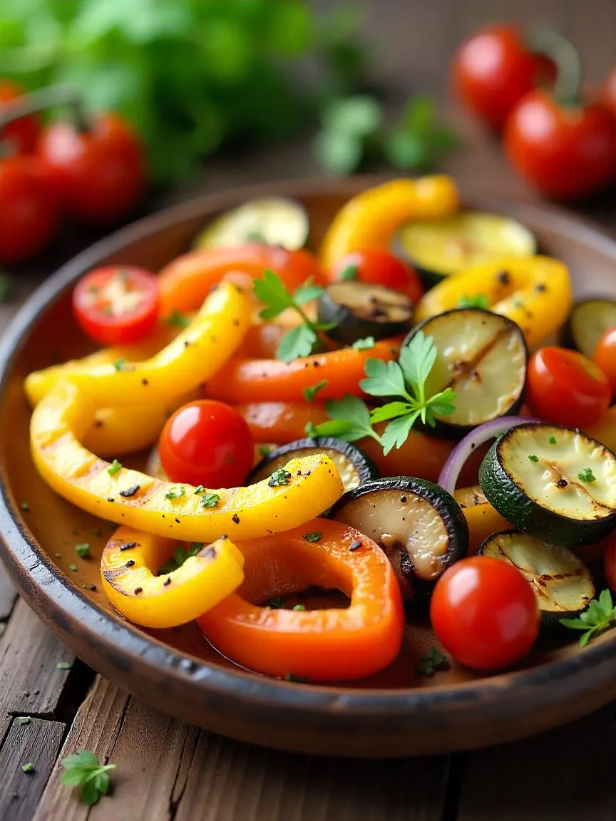 Grilled vegetable medley with bell peppers, zucchini, onions, and mushrooms, lightly charred and garnished with fresh herbs.
