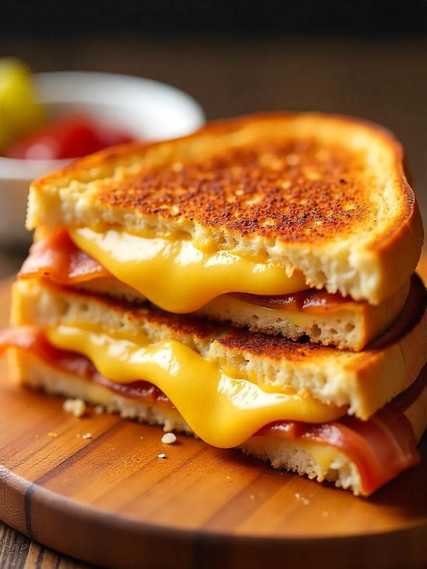 Grilled cheese bacon sandwich cut in half with melted cheddar and crispy bacon on golden toasted bread. 