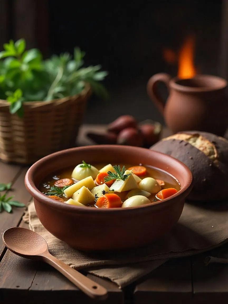 Photorealistic image of a medieval peasant meal with vegetable pottage, dark bread, and rustic surroundings, capturing the simplicity and nutrition of daily life.