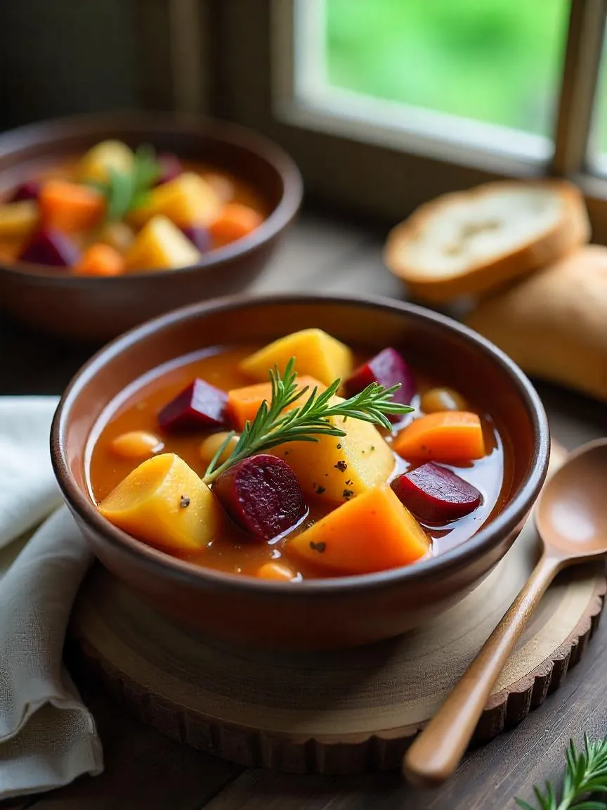 A bowl of colorful heirloom vegetable stew with herbs and rustic bread on a wooden table, evoking cozy, homemade cottage-style cooking.